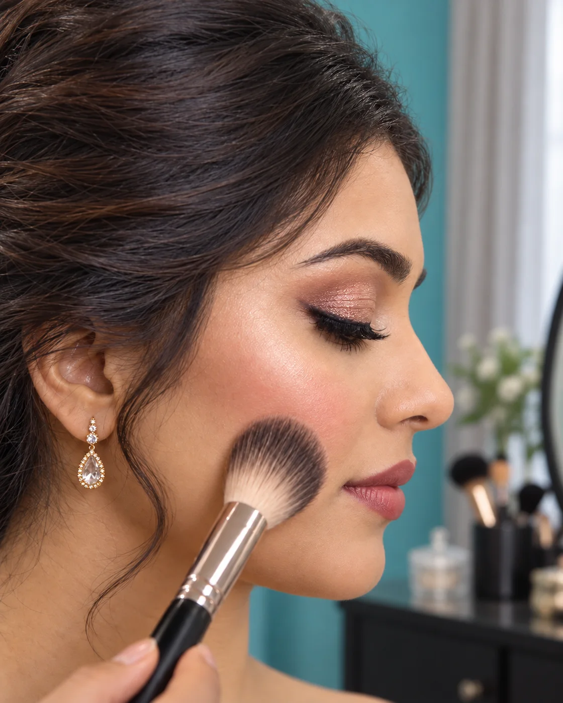 Rose-gold bridal makeup in side profile in a private turquoise preparation room