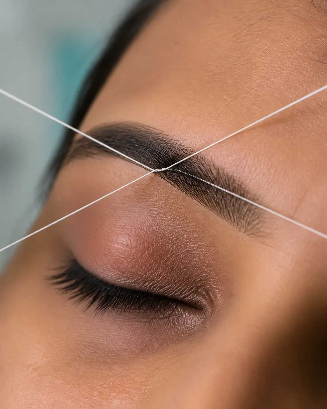 Close detail of eyebrow shaping with thread