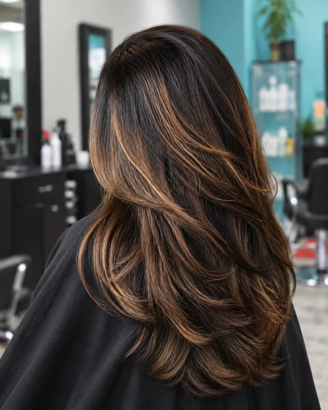 Caramel balayage through long brunette waves