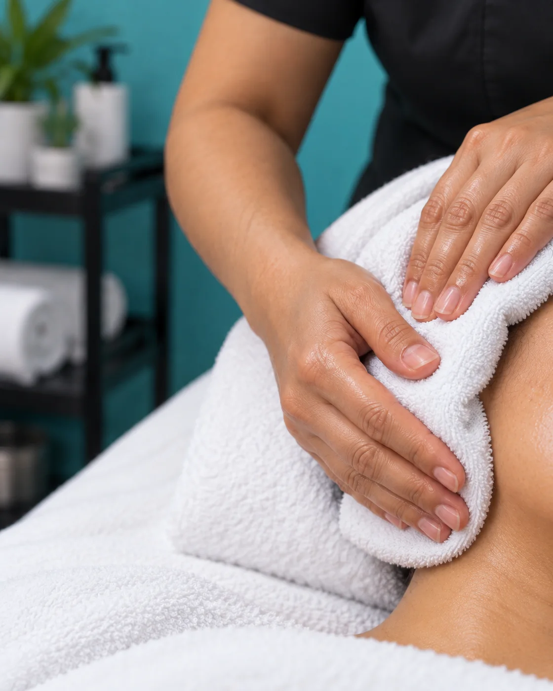 Warm-towel facial care with facial features concealed