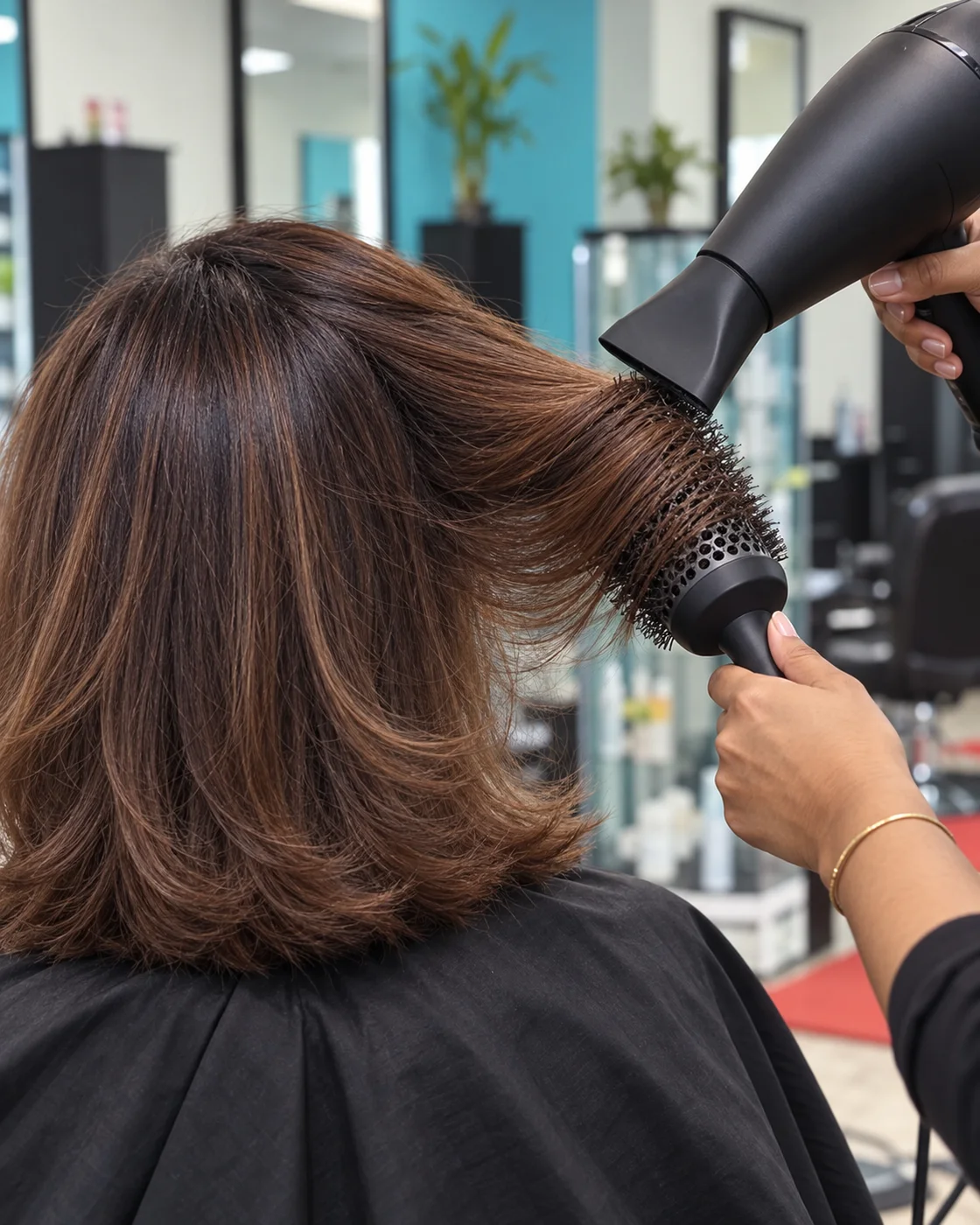 Round-brush blow drying in progress, viewed from behind