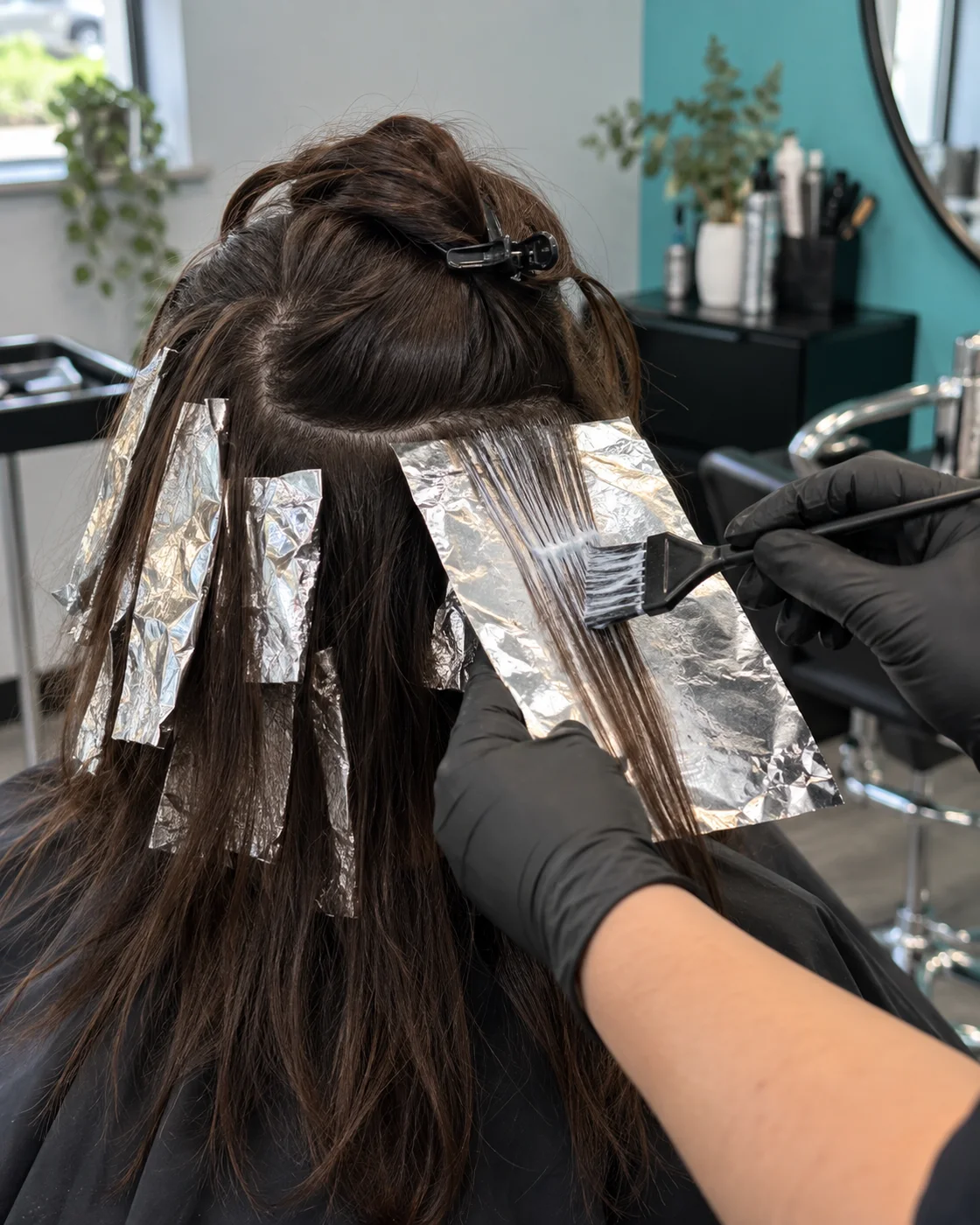 A colourist brushing highlights onto foil sections, viewed from behind