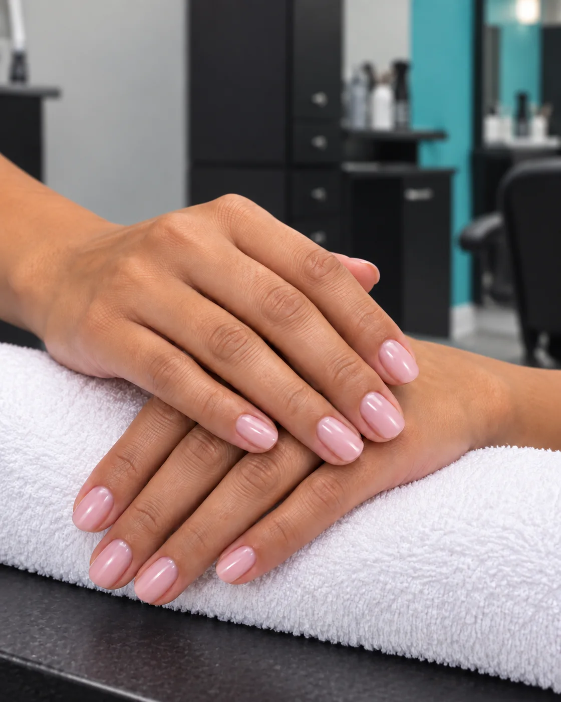 Neatly shaped nails finished in blush pink