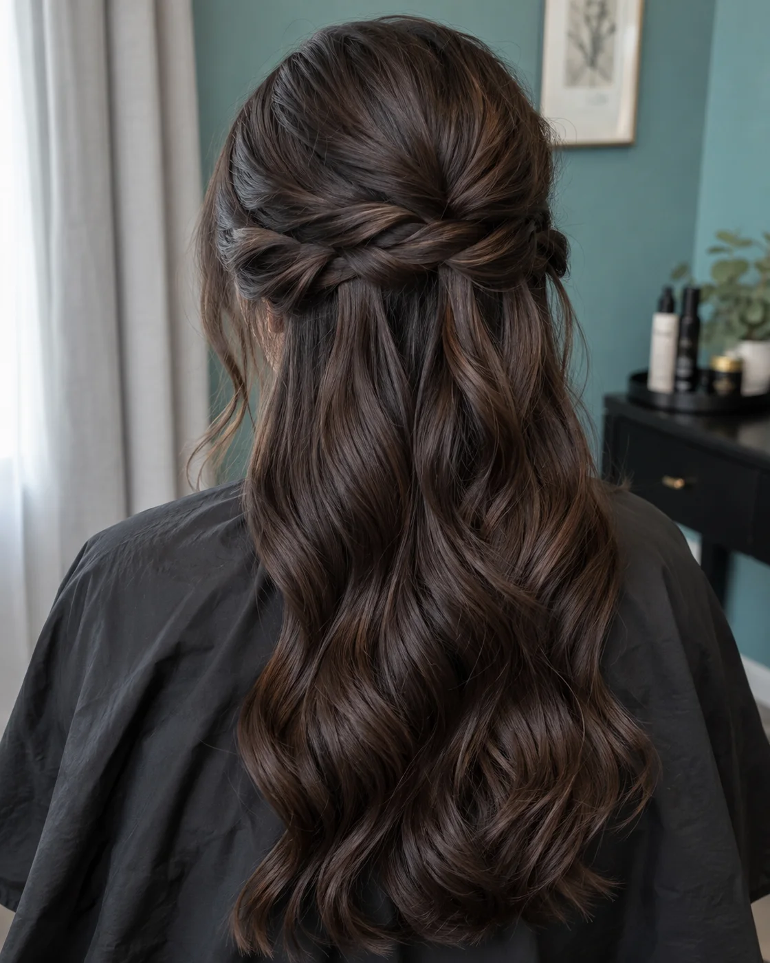 Back view of a woven half-up hairstyle with long dark waves