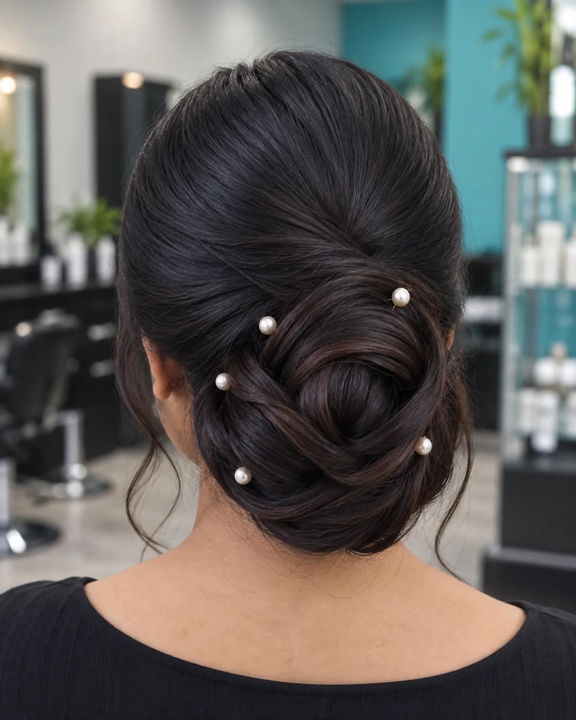 Back view of an occasion updo with delicate pearl pins