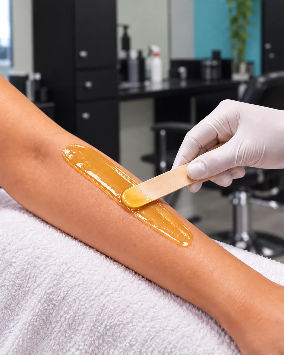 Wax being applied to a forearm resting on a white towel